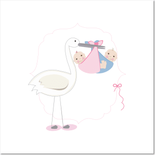 Twin baby girl and boy with stork baby arrival II Posters and Art